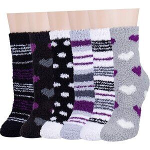 Plush Slipper Socks Women Colorful Warm Fuzzy Crew Socks Cozy Soft Purple Black